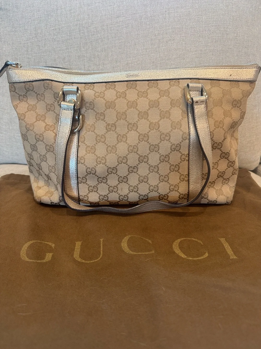 Gucci Monogram Abbey Medium Tote, Beige Canvas, Metallic Gold